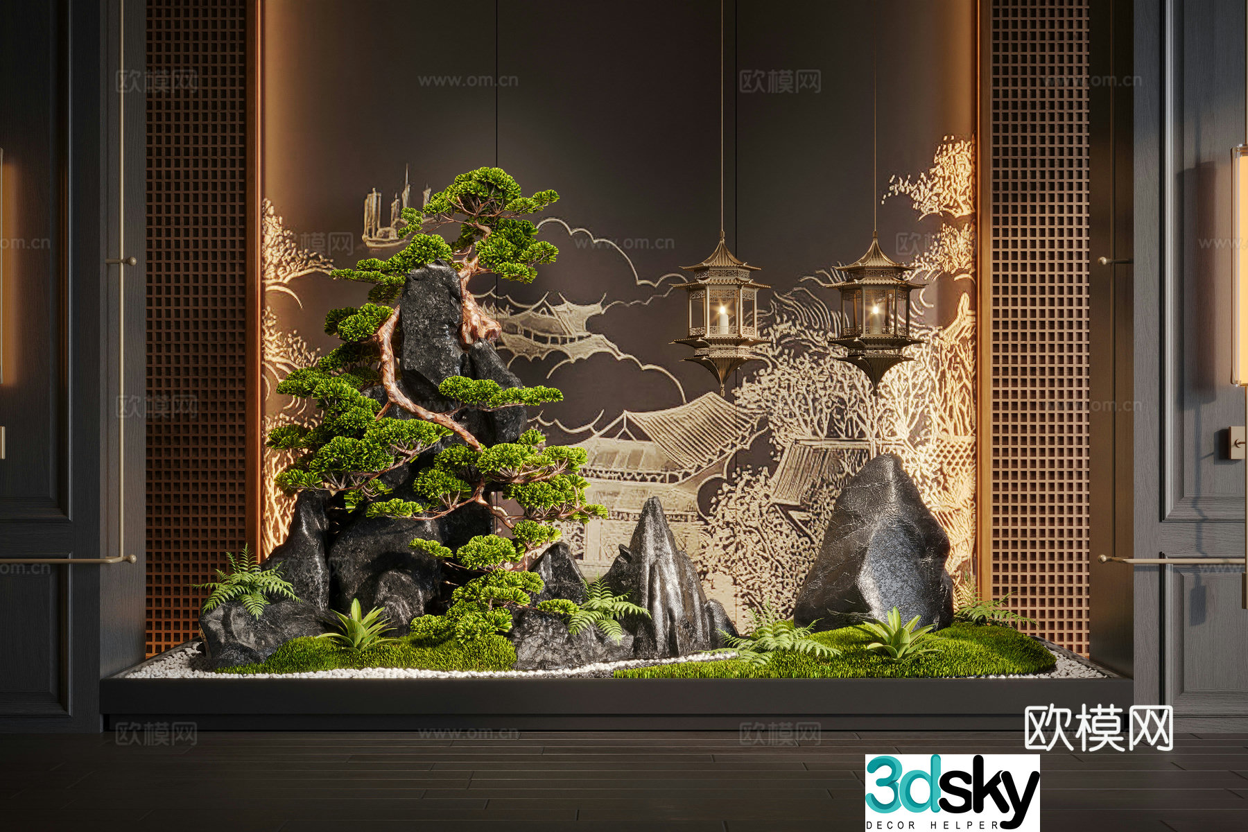 New Chinese-style landscape interior landscape bryophyte landscape stone 3D model