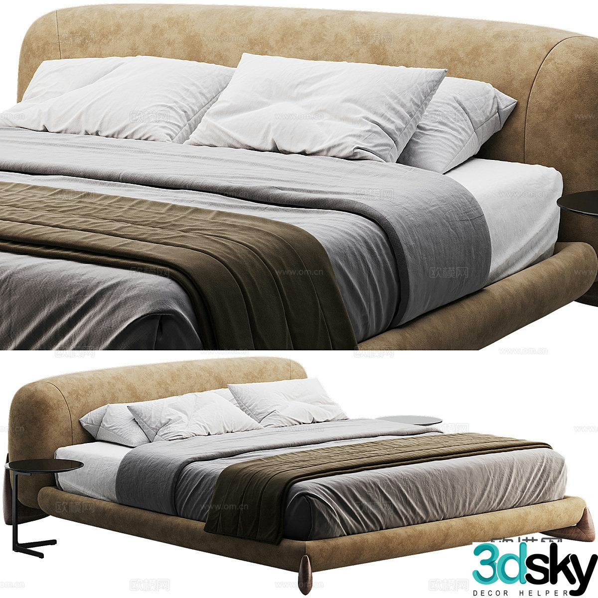 Modern cream style fabric double bed 3d model