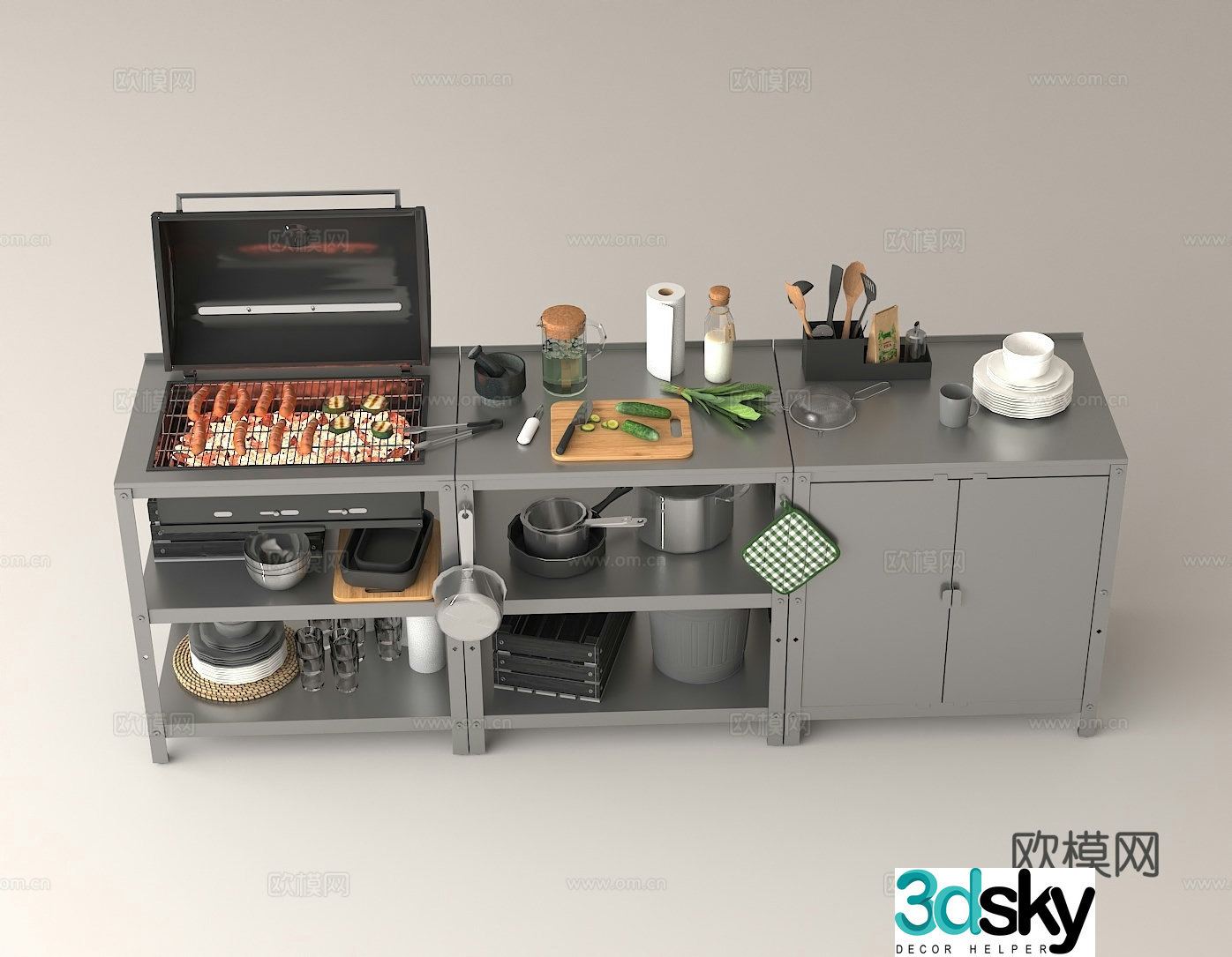 Modern cooking tools 3D dining kitchen utensil storage kitchen shelf metal kitchen utensil 3D model