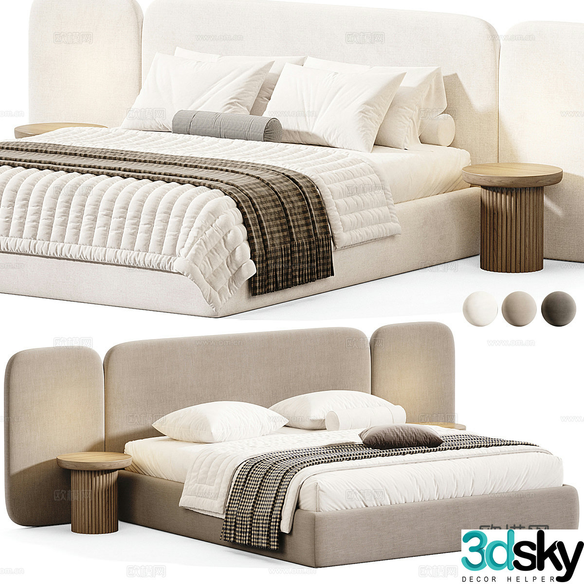 Modern cream style fabric double bed 3d model