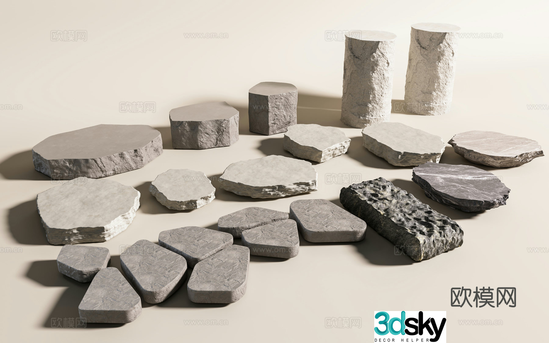 Stone road slab steps stone steps stone path stone steps stone strips stone blocks stone pillars 3D model