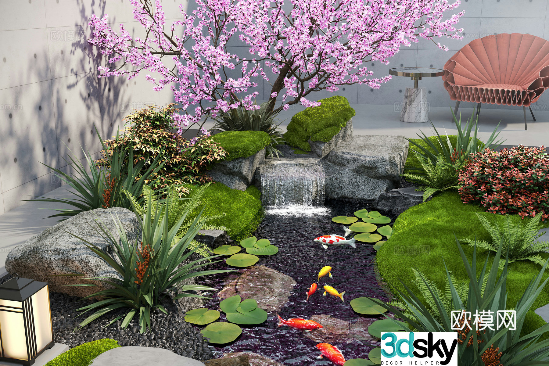 Modern courtyard landscape sketch Water landscape stacked water landscape plants Fish pond 3d model