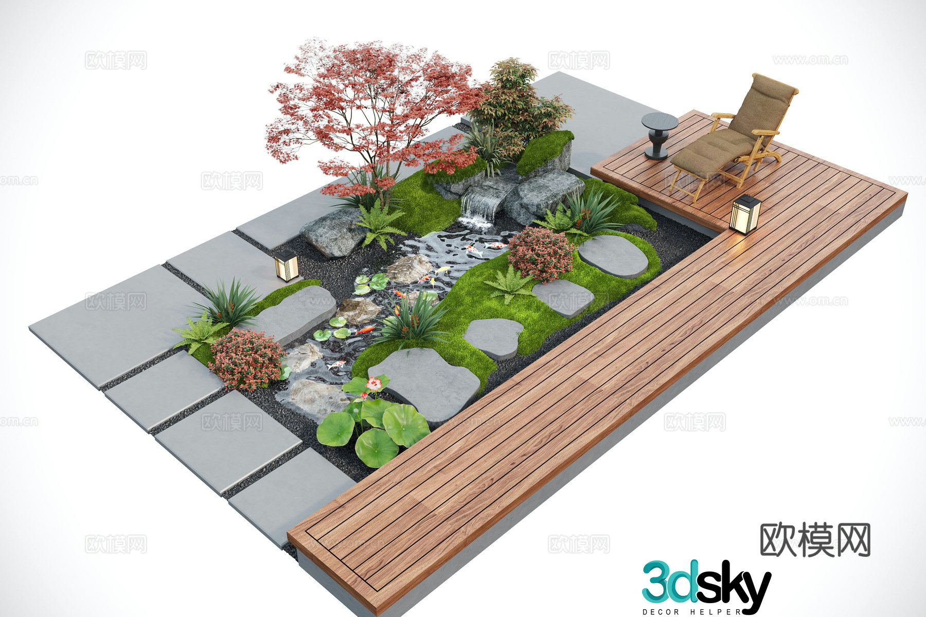 Modern courtyard landscape sketch Water landscape stacked water landscape plants Fish pond 3d model