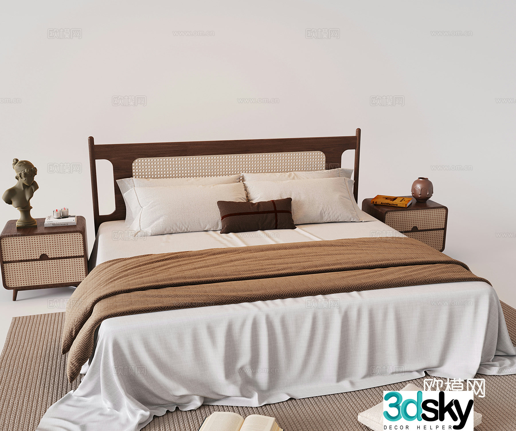 Middle style double bed nightstand solid wood rattan 3D model