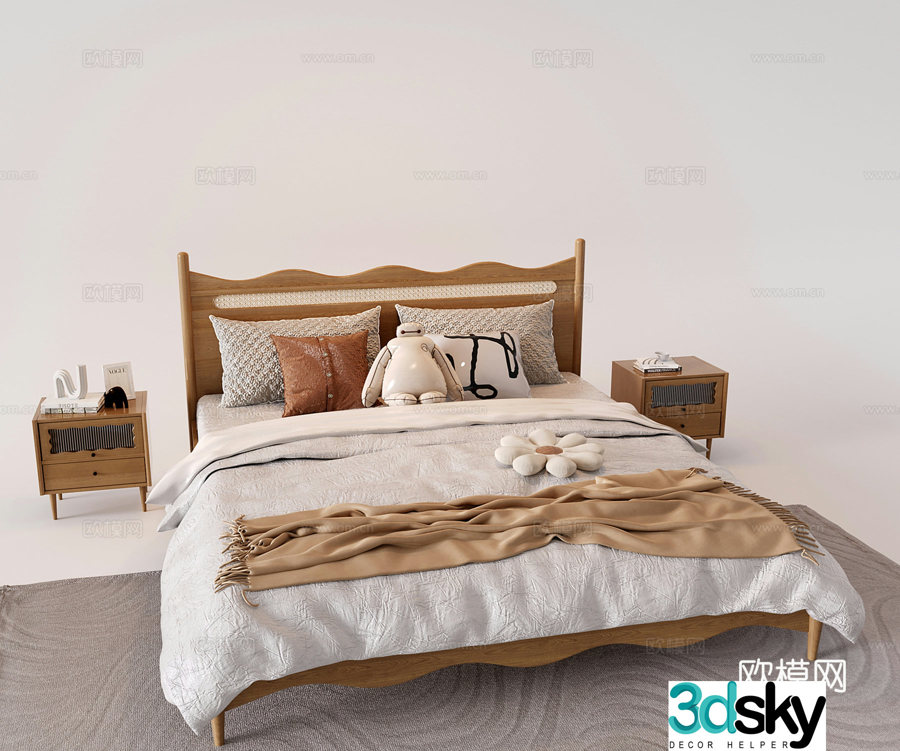 French medieval style double bed nightstand 3D model