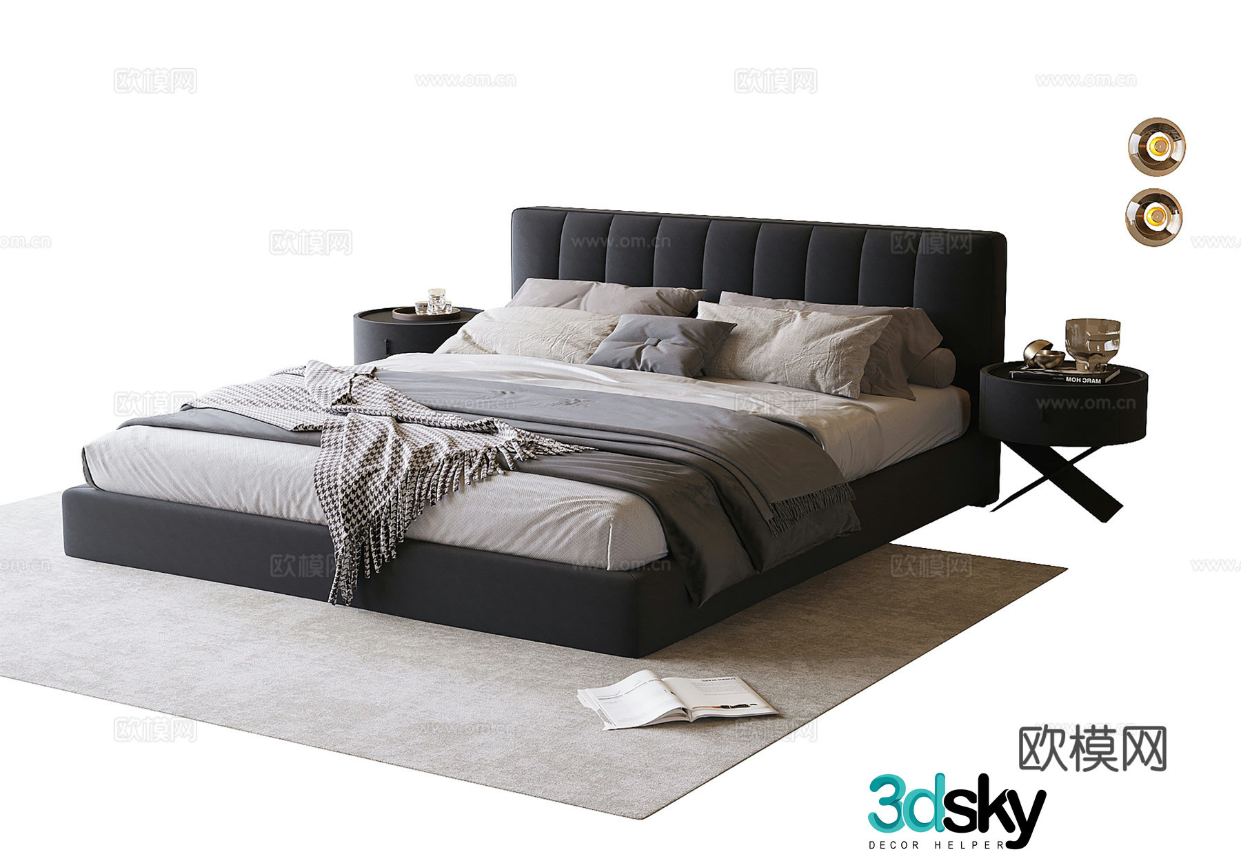 Modern double bed bedside table bedding 3d model