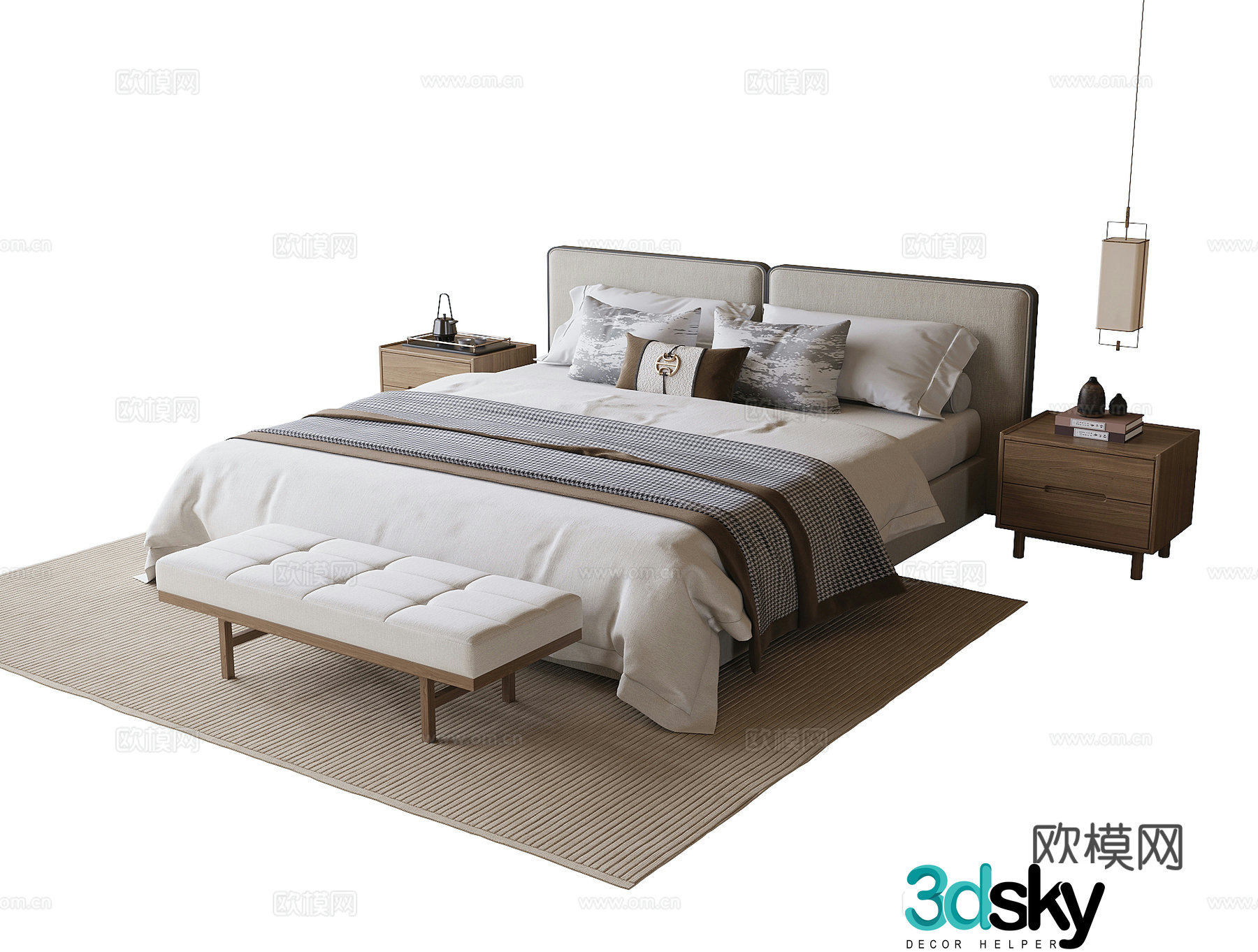 Modern double bed nightstand bed tail stool 3d model