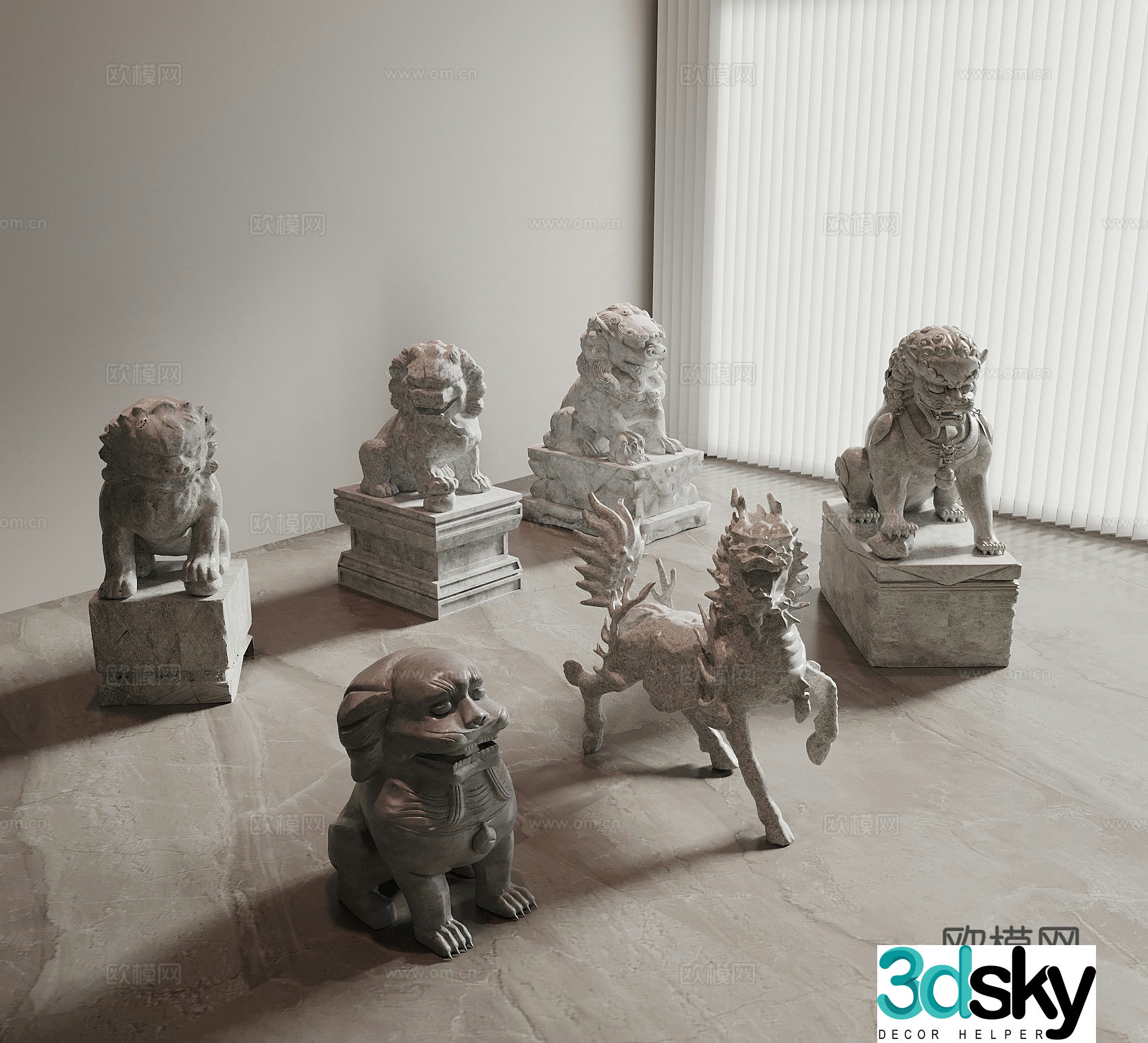 New Chinese-style stone lion divine beast stone statue unicorn pixiu divine beast sculpture sketch stone carving door pier 3D model