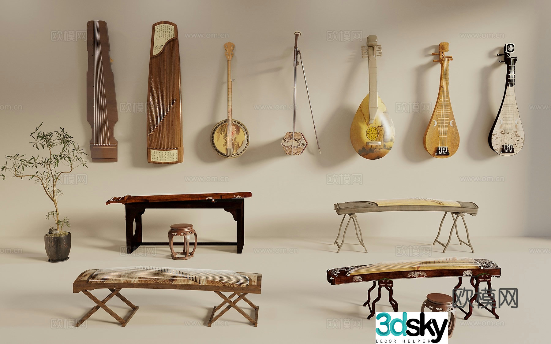 Song style new wind instruments guzheng pipa erhu musical instrument qin guqin traditional musical instrument 3d model