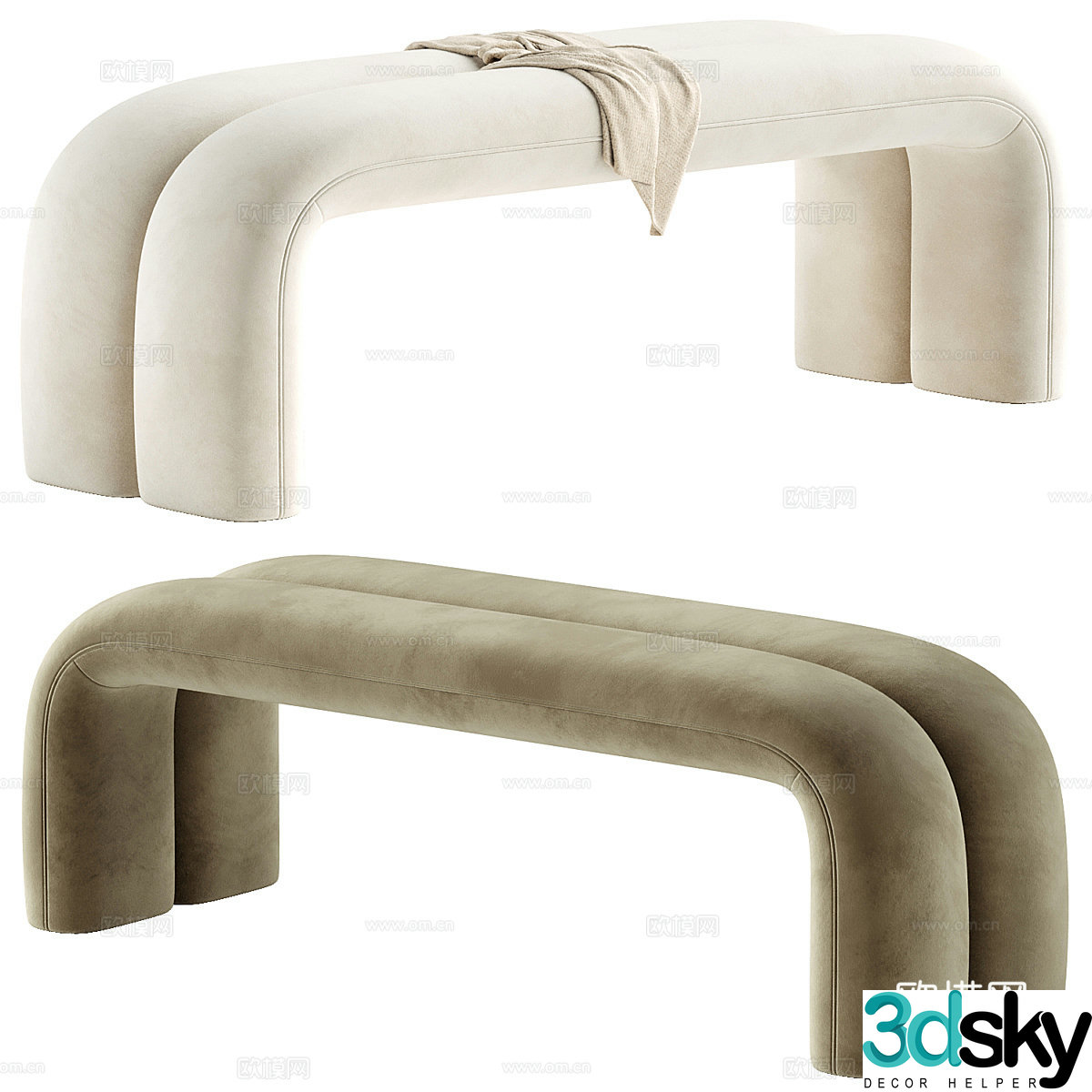 Modern cream style fabric bench tail stool 3D model