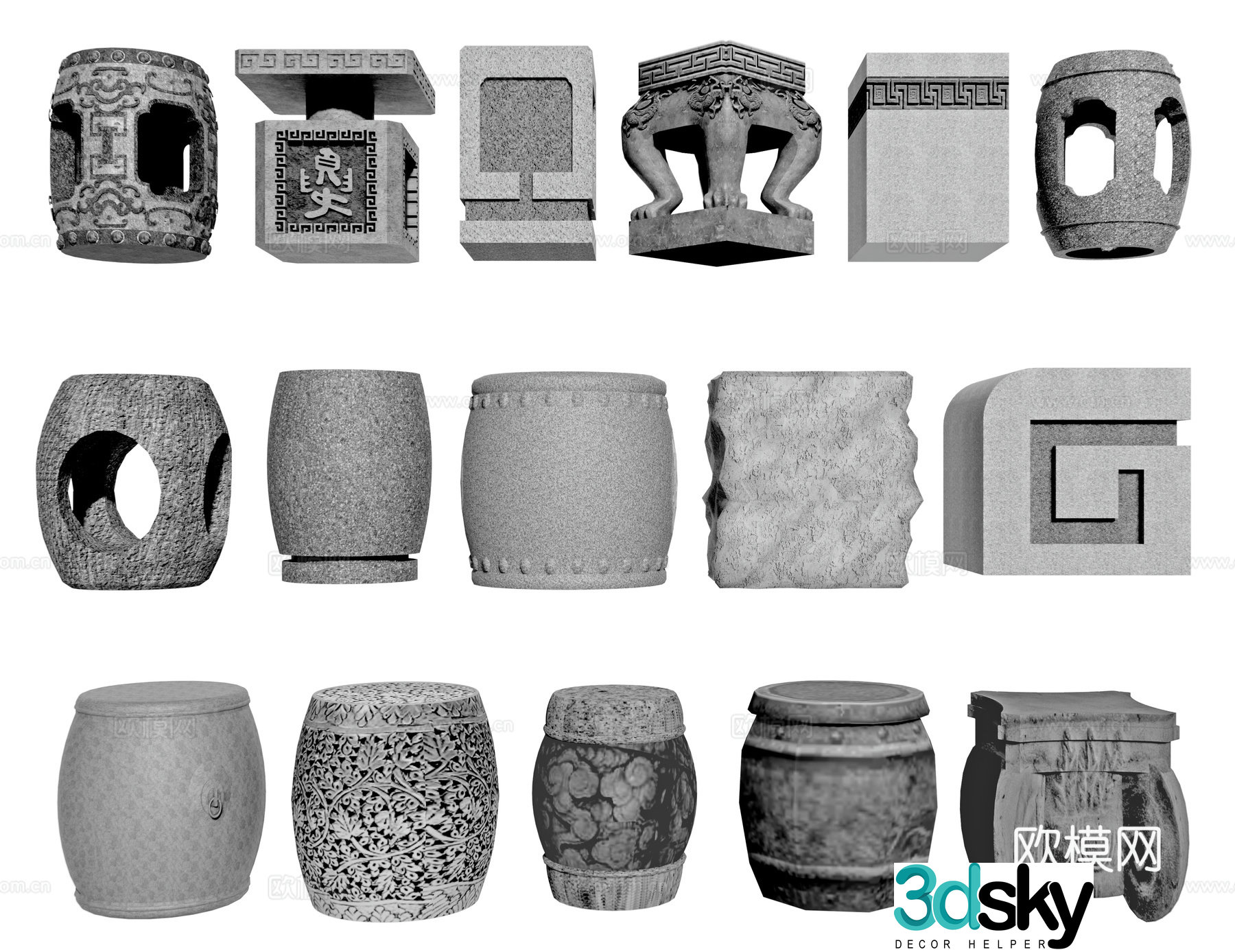 Chinese stone bench round stone stool stone table and chair courtyard stone table and stone bench stone seat stone table 3D model