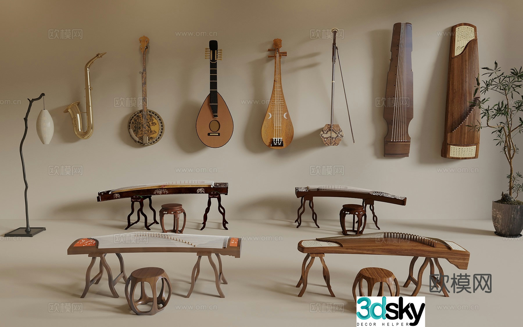 Song style new wind instruments guzheng pipa erhu musical instrument qin guqin traditional musical instrument 3d model