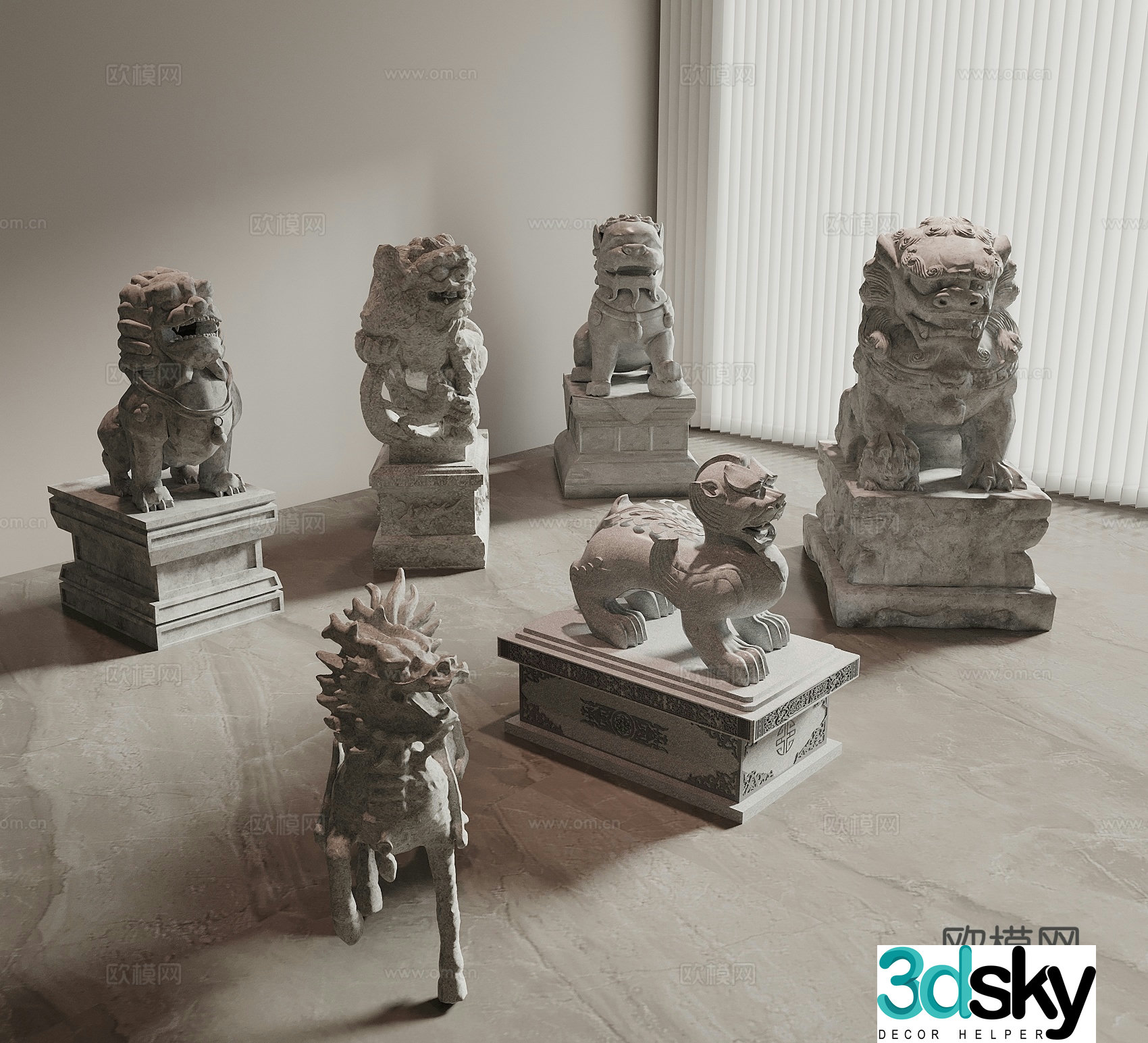 New Chinese-style stone lion divine beast stone statue unicorn pixiu divine beast sculpture sketch stone carving door pier 3D model