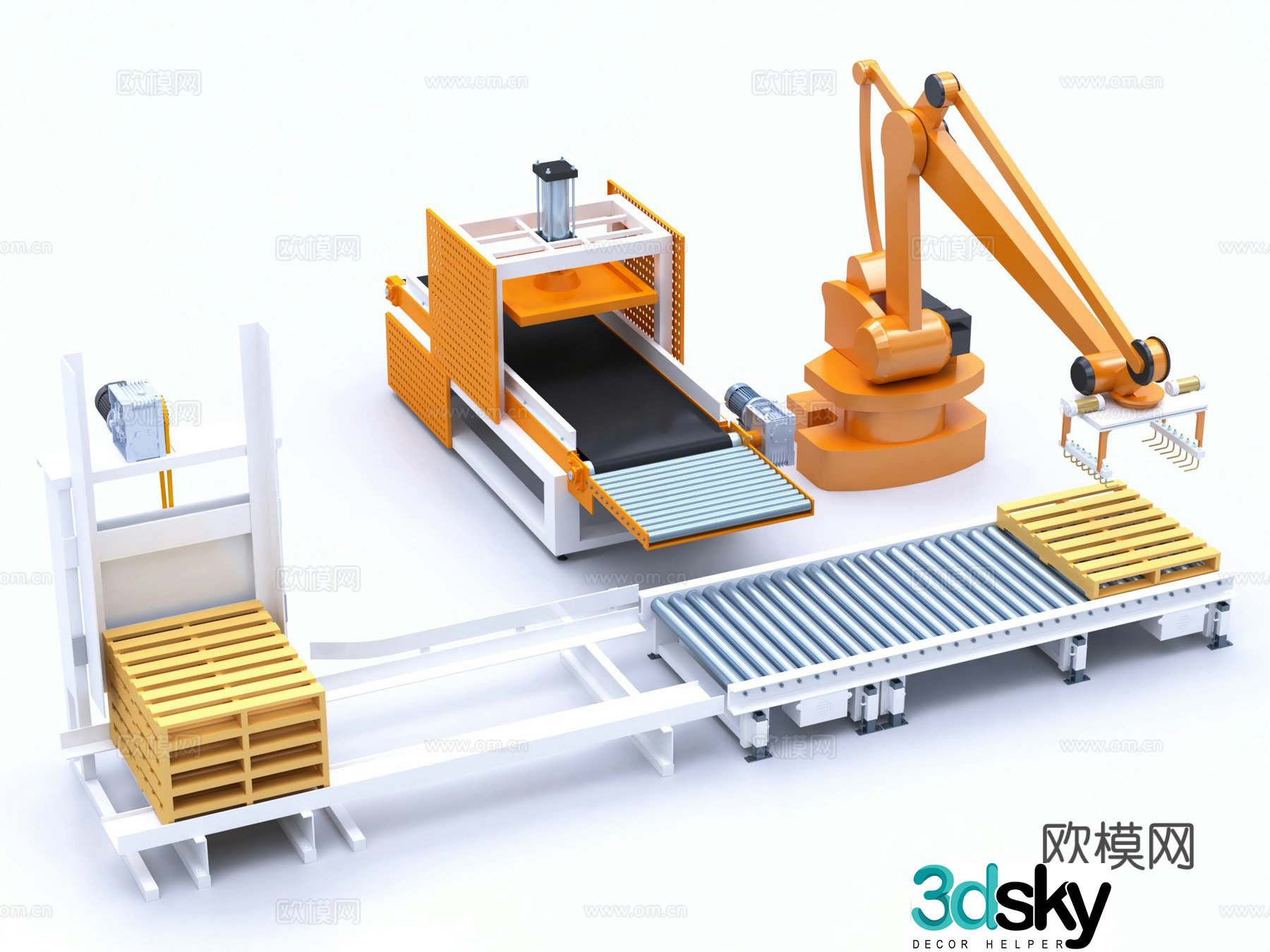 Industrial equipment bottling line, conveyor belt stacker, logistics pallet packaging machine, assembly line packaging machine 3D model