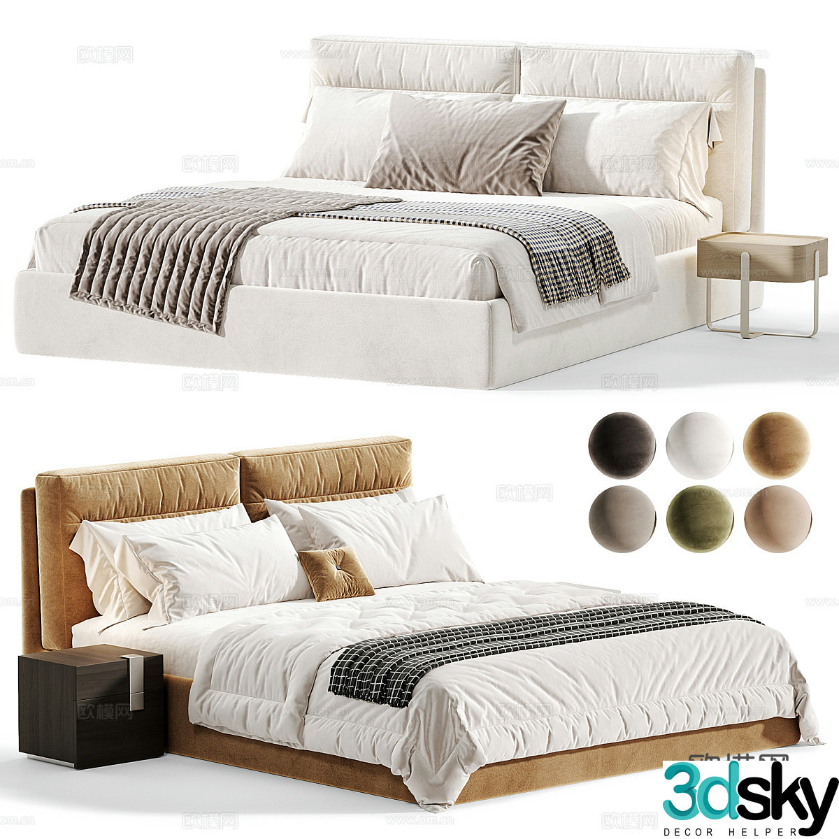 Modern cream style fabric double bed 3d model
