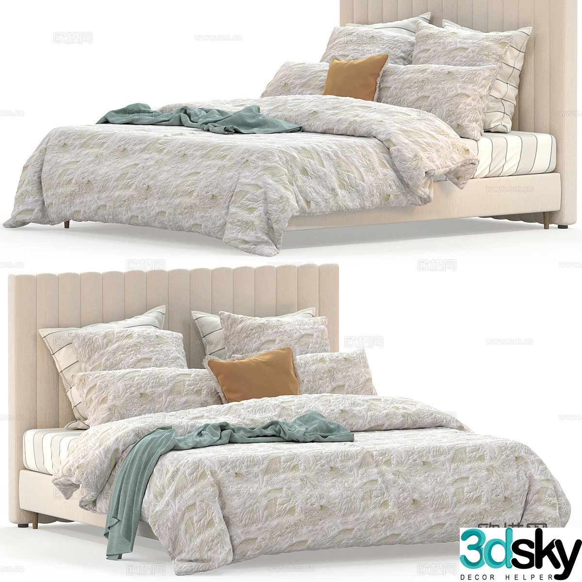 Modern cream style fabric double bed 3d model