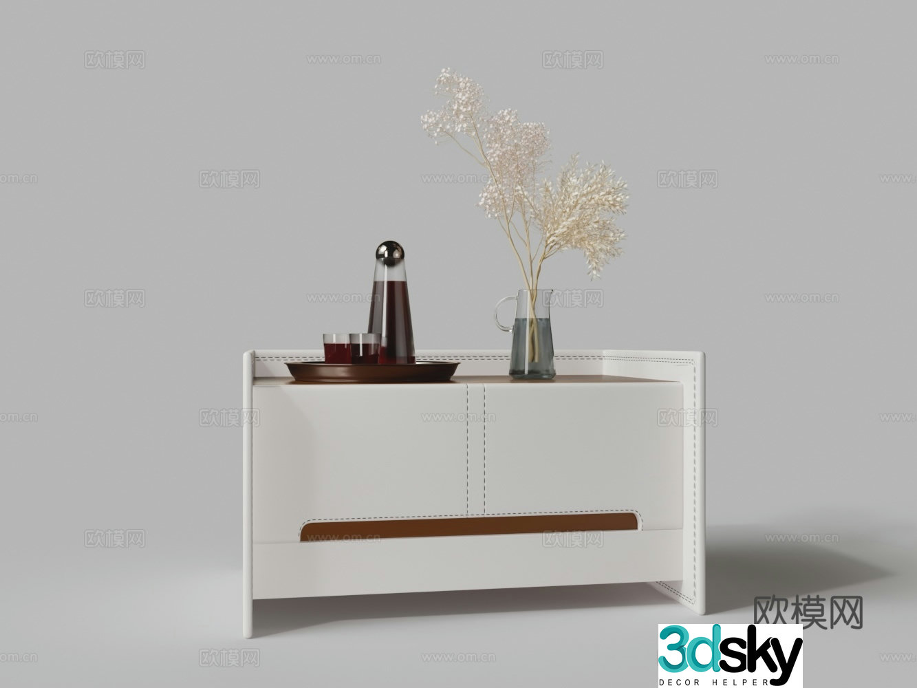 Modern white leather bedside table red wine tray white velvet flower vase 3d model