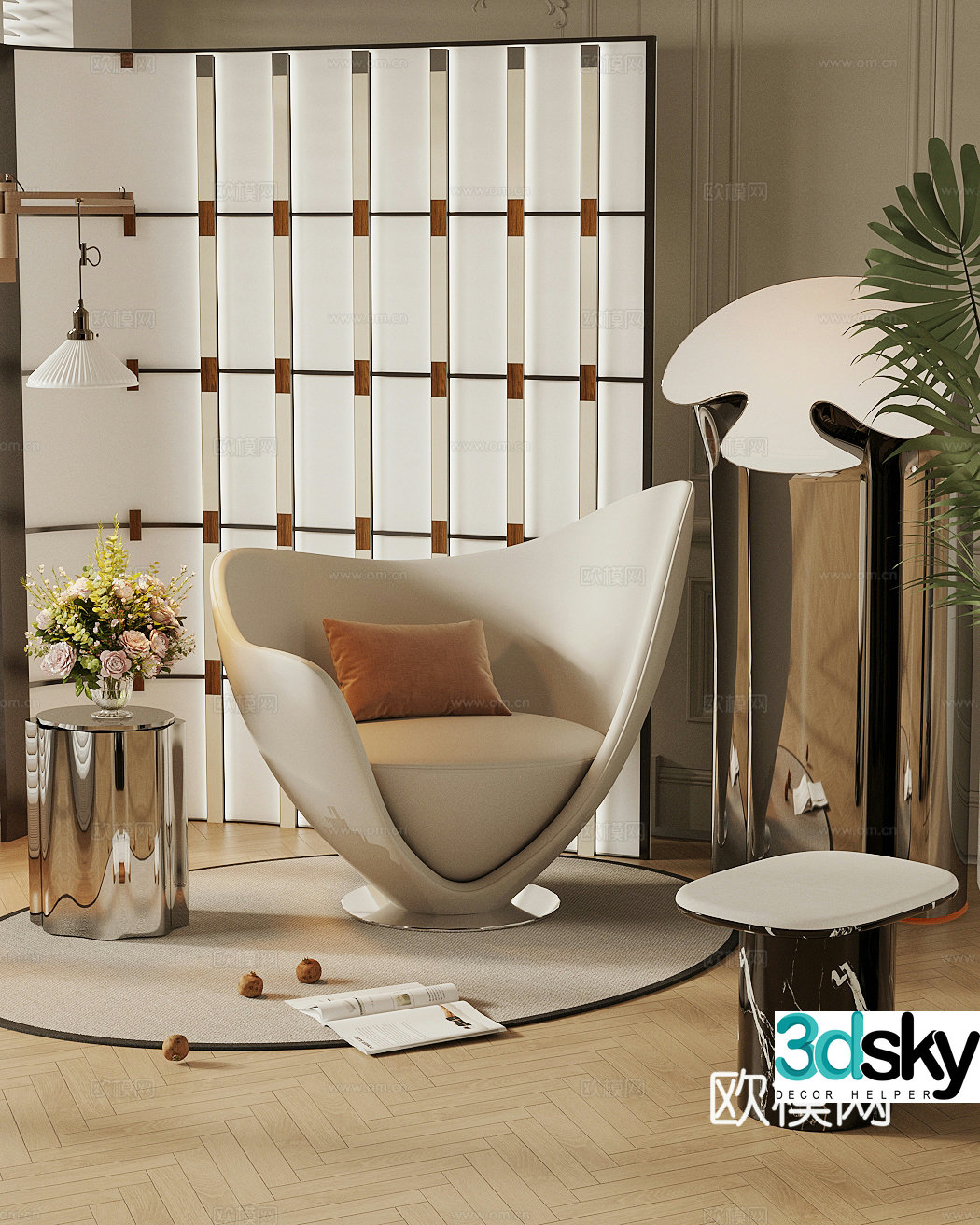 Modern Italian casual chair Light luxury Italian sofa chair Special-shaped leisure chair Egg-shaped sofa chair Flower art 3D model