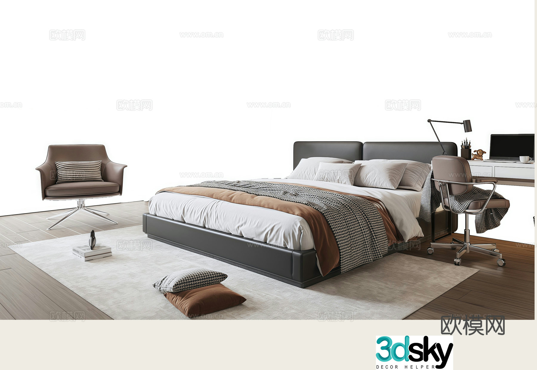 Modern Italian double bed lazy leather sofa computer desk 3D model