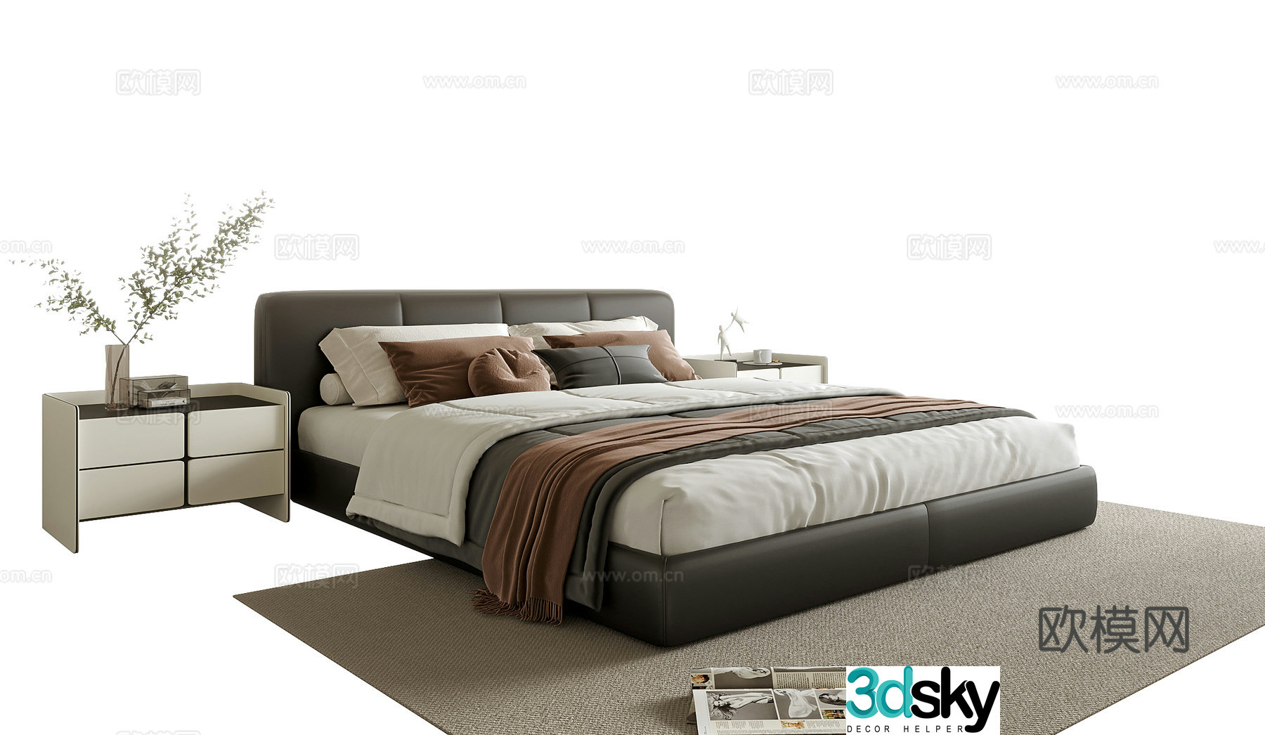 Modern double bed bedside table bedding 3d model