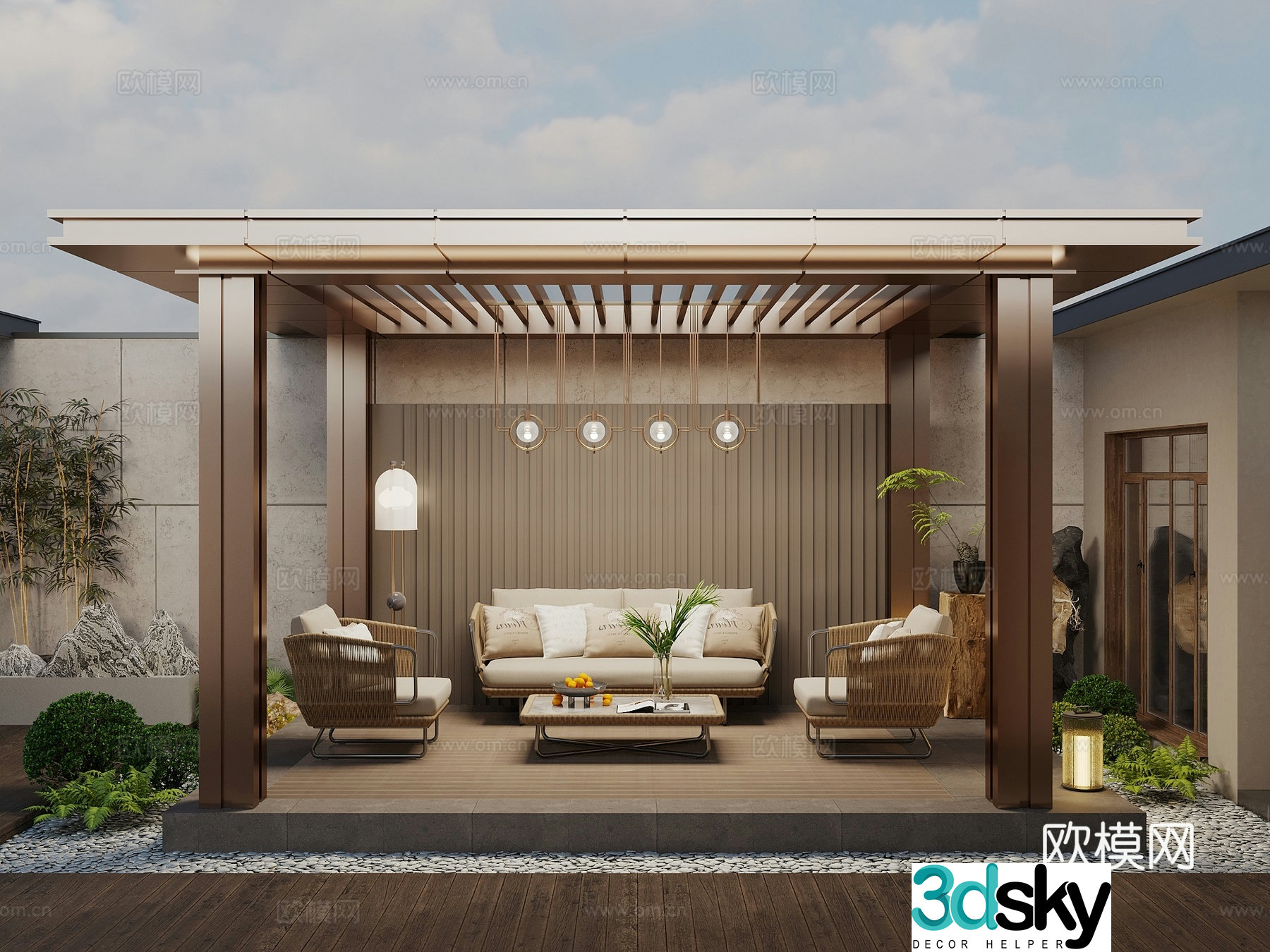 New Chinese style courtyard corridor frame pavilion pavilion outdoor sofa seat plant pile landscape plant 3d model
