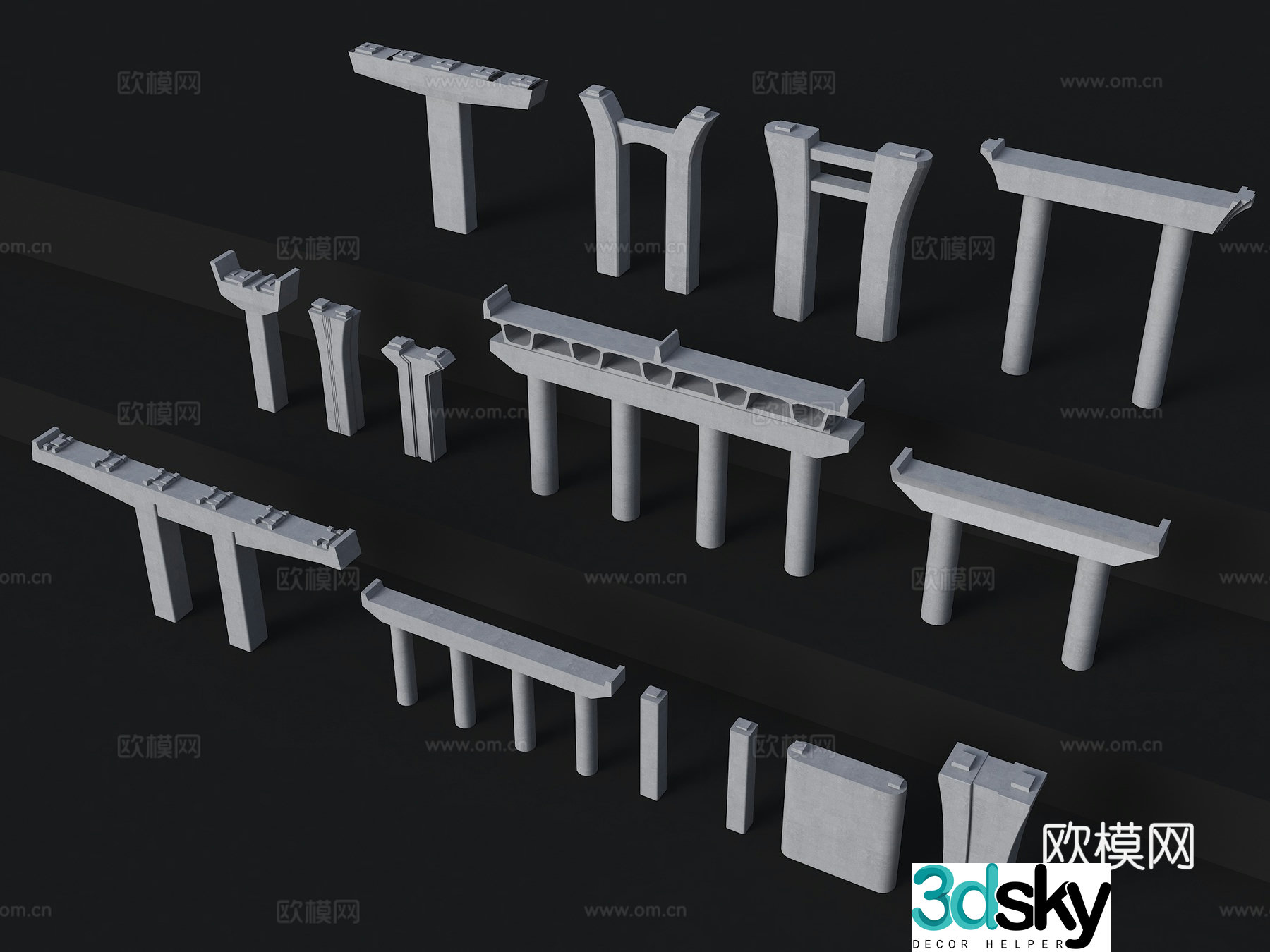 Modern elevated bridge piers high-speed rail piers viaduct columns small box girder piers continuous beam piers 3D model