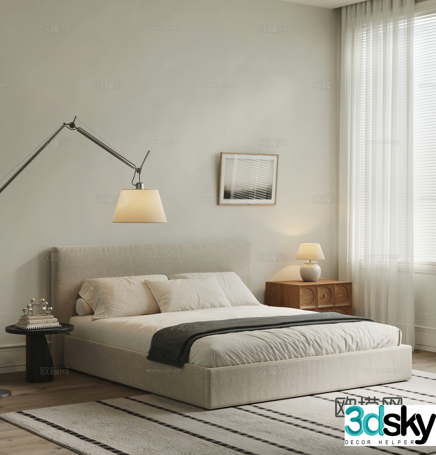 Modern cream style double bed bedroom bedding back bedding master bedroom bedding floor lamp 3d model