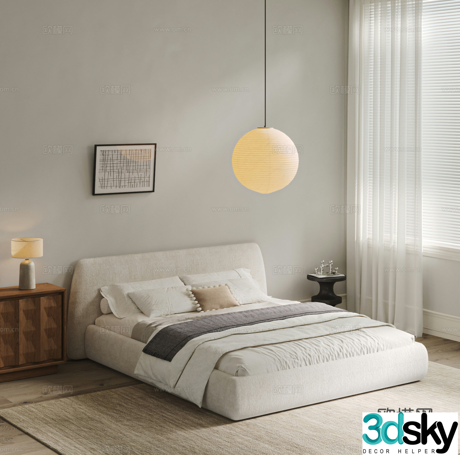 Modern cream style double bed bedroom fabric bedding bedding chandeliers carpet nightstand 3d model