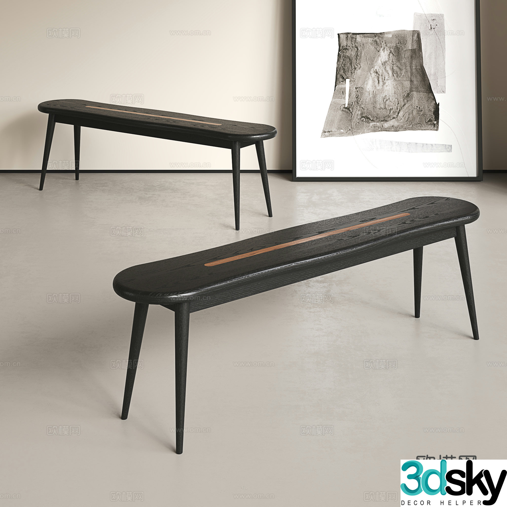 Middle-aged long bench retro style solid wood bench restaurant bench solid wood shoe replacement stool solid wood long 3D model