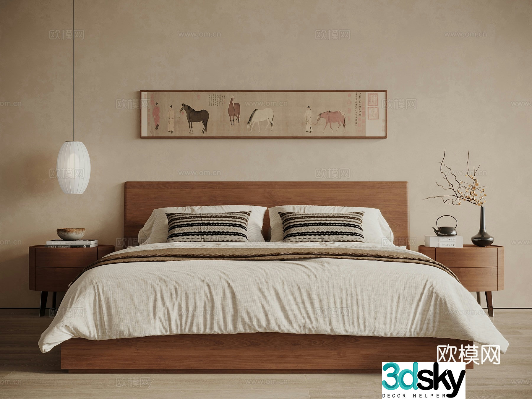 Middle style New Chinese style bed nightstand bedside chandelier 3d model