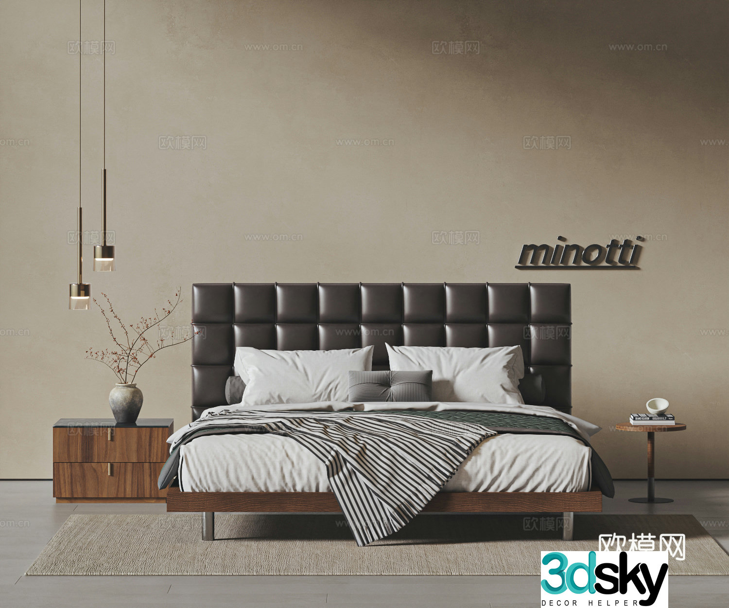 Middle style double bed Chocolate bed Leather double bed Bedside table Bedside chandelier Bedding 3D model