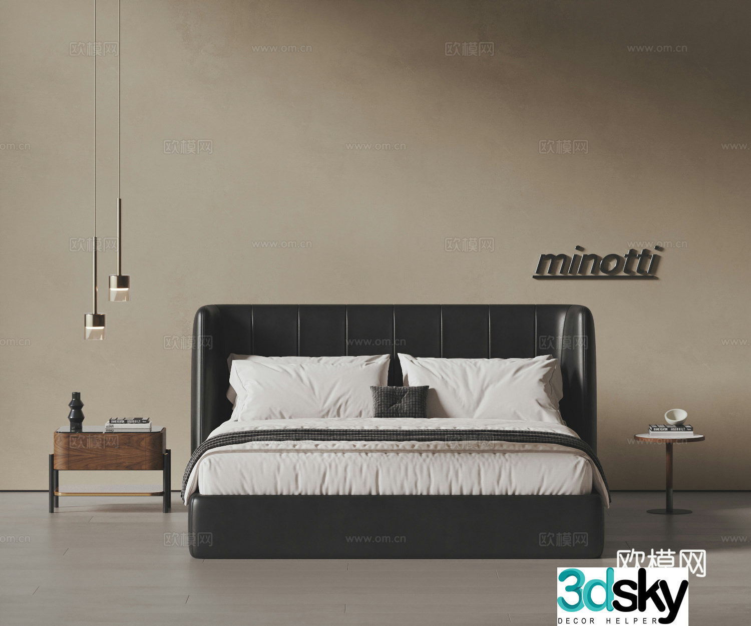 MINOTTI modern double bed bedding bedding bedside table chandeliers leather double bed 3d model