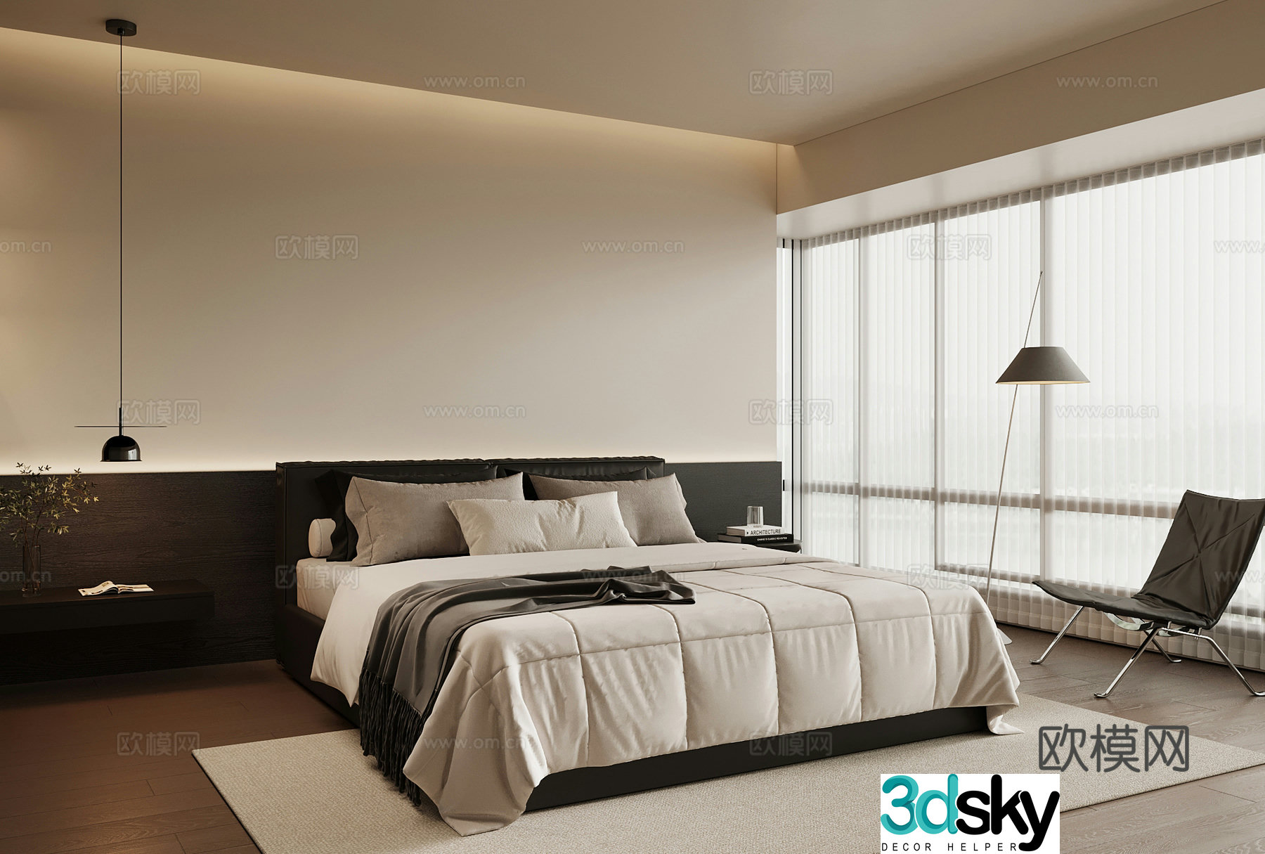 Bedroom Italian bedroom Leisure chair Leather double bed 3d model