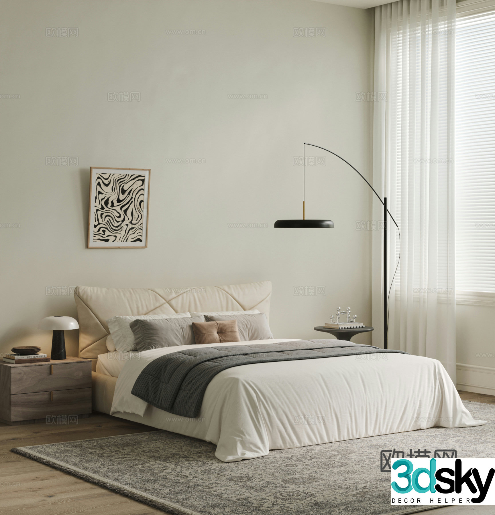 Modern cream style double bed fabric double bed backrest double bed floor lamp bed nightstand hanging 3D model