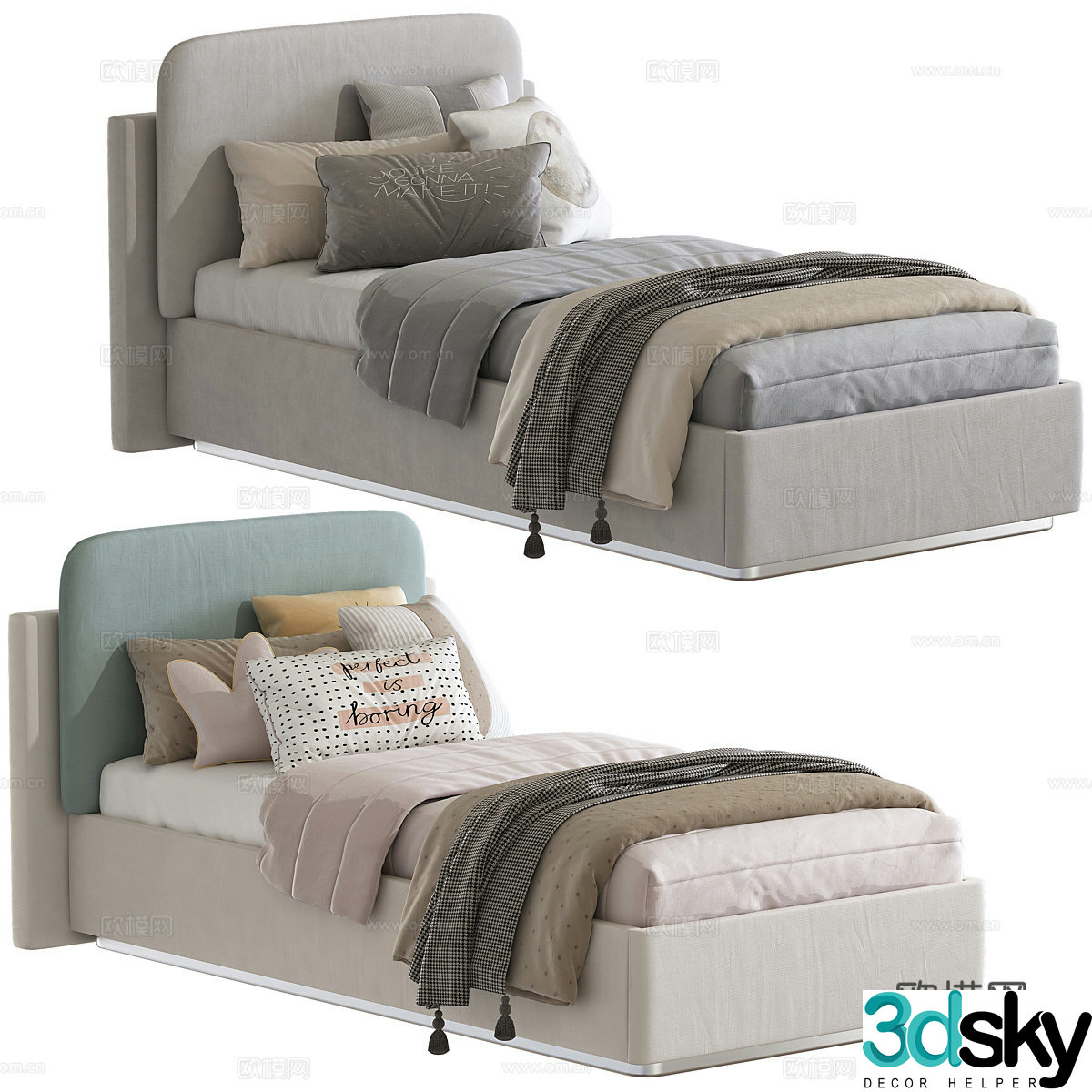 Modern cream style children’s fabric single bed 3d model