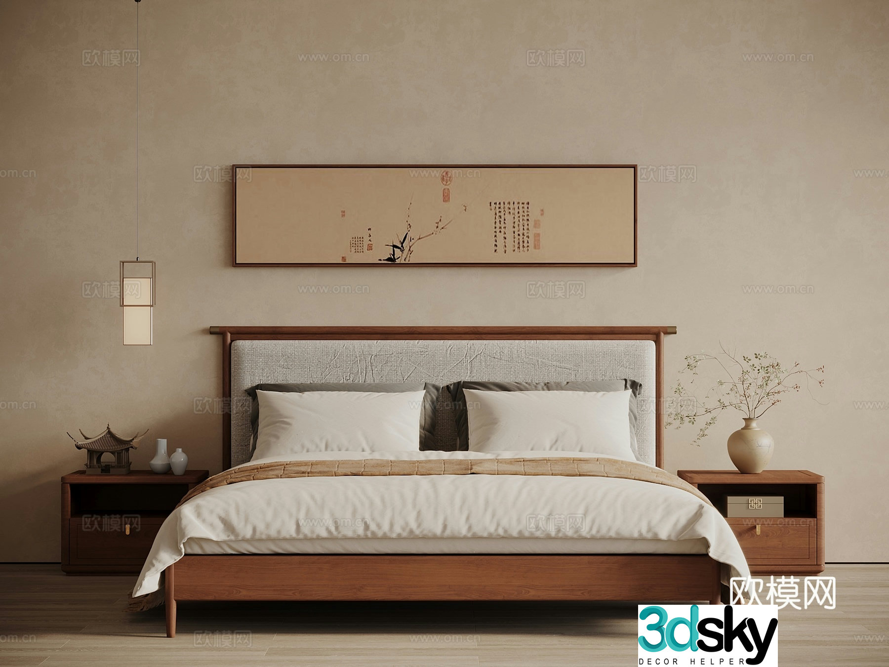 Middle style New Chinese style bed nightstand bedside chandelier 3d model