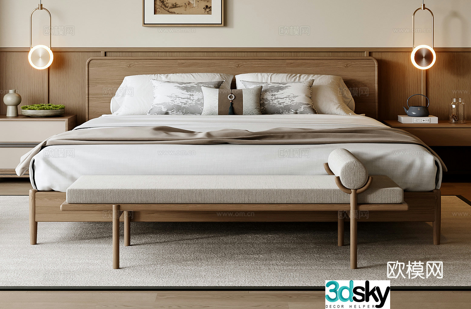 New Chinese style double bed 3D model