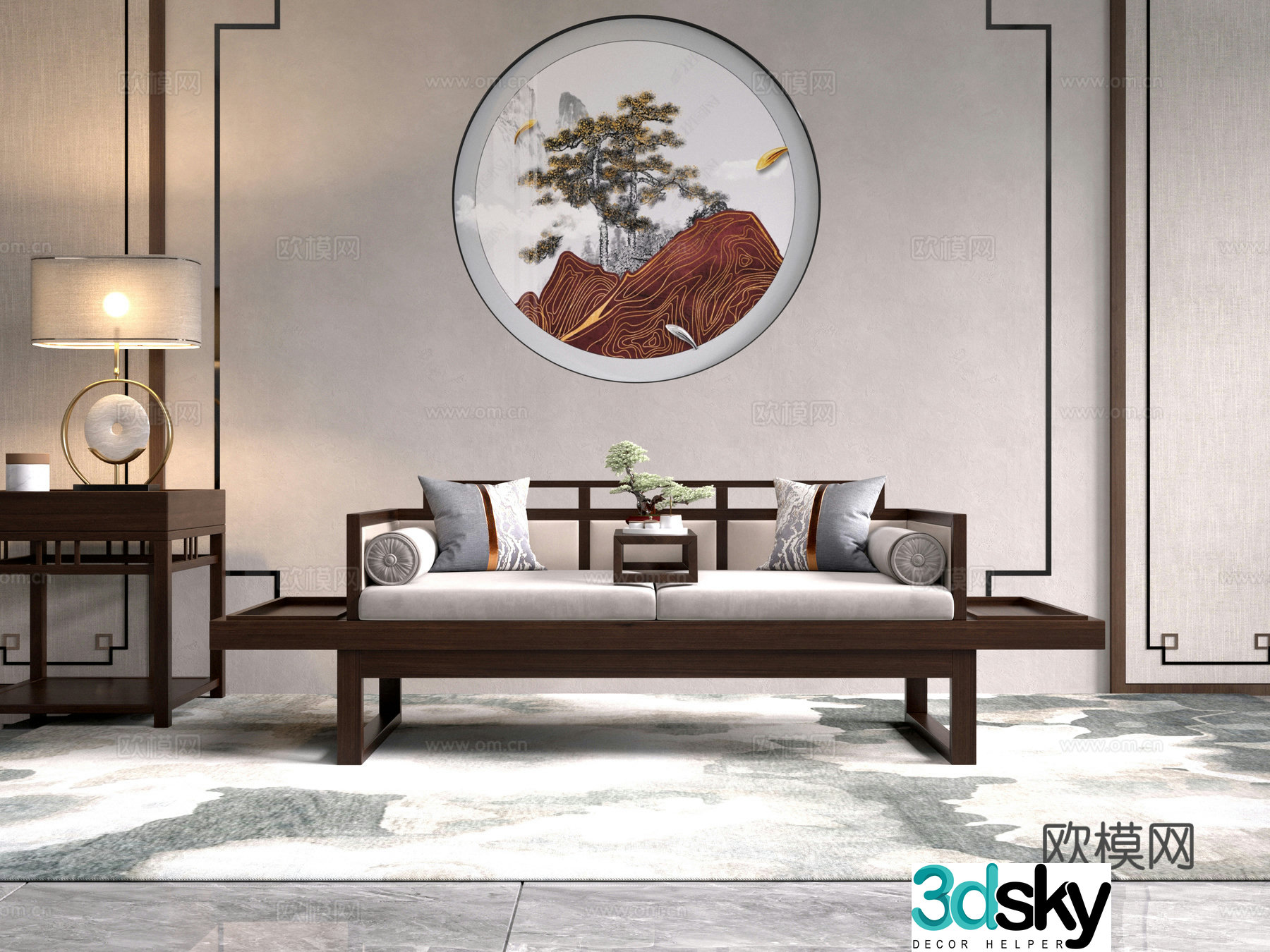 New Chinese style Arhat bed Sofa background wall Jewelry ornaments Side table Carpet 3D model