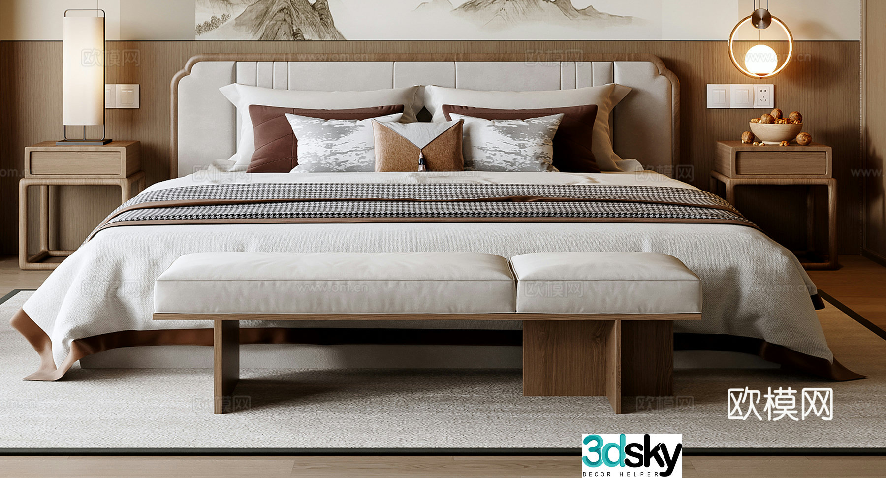 New Chinese style double bed 3D model