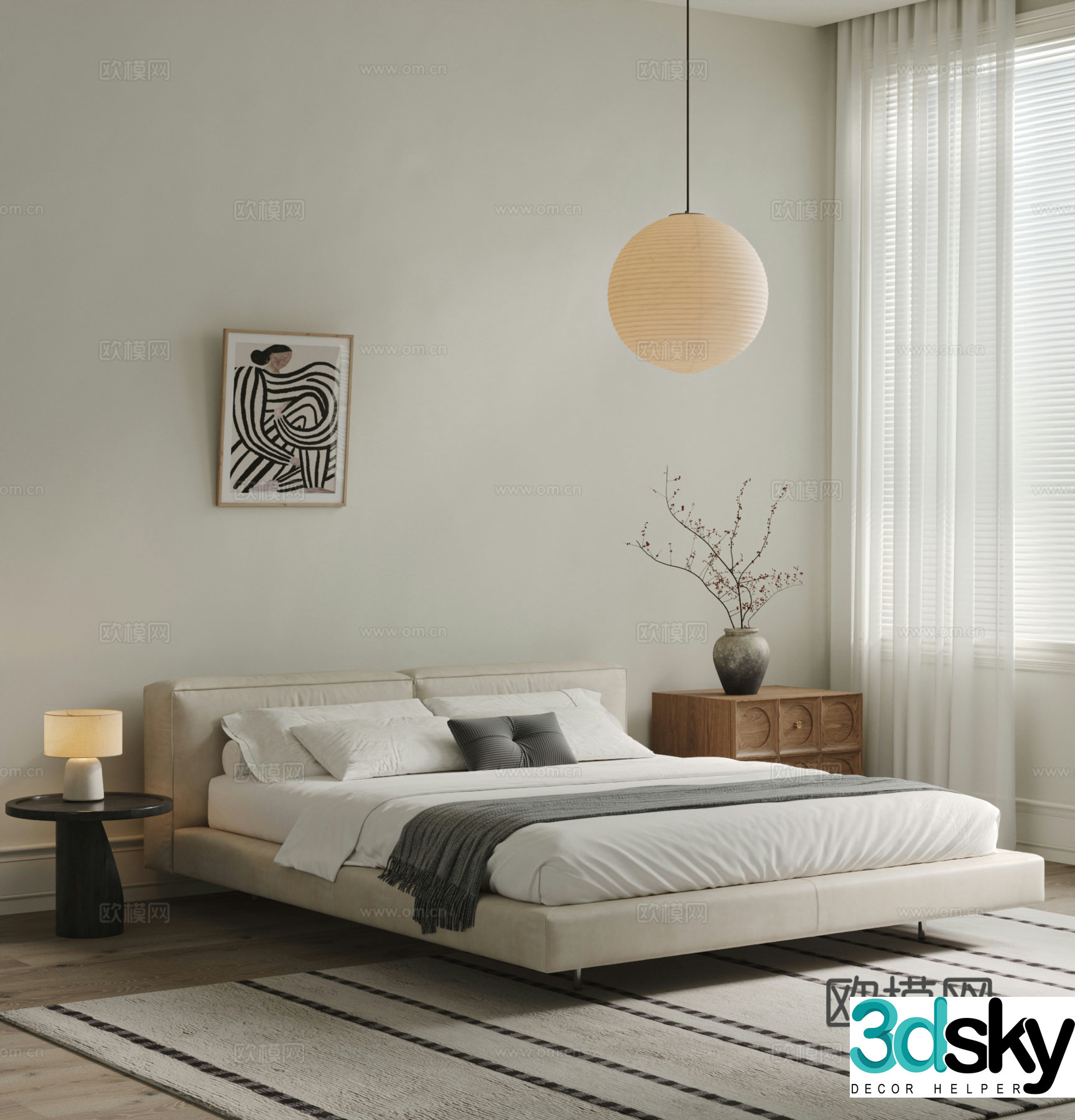 Modern minimalist double bed Tofu block bed Leather bed Chandelier Nightstand Bedroom Carpet 3D model