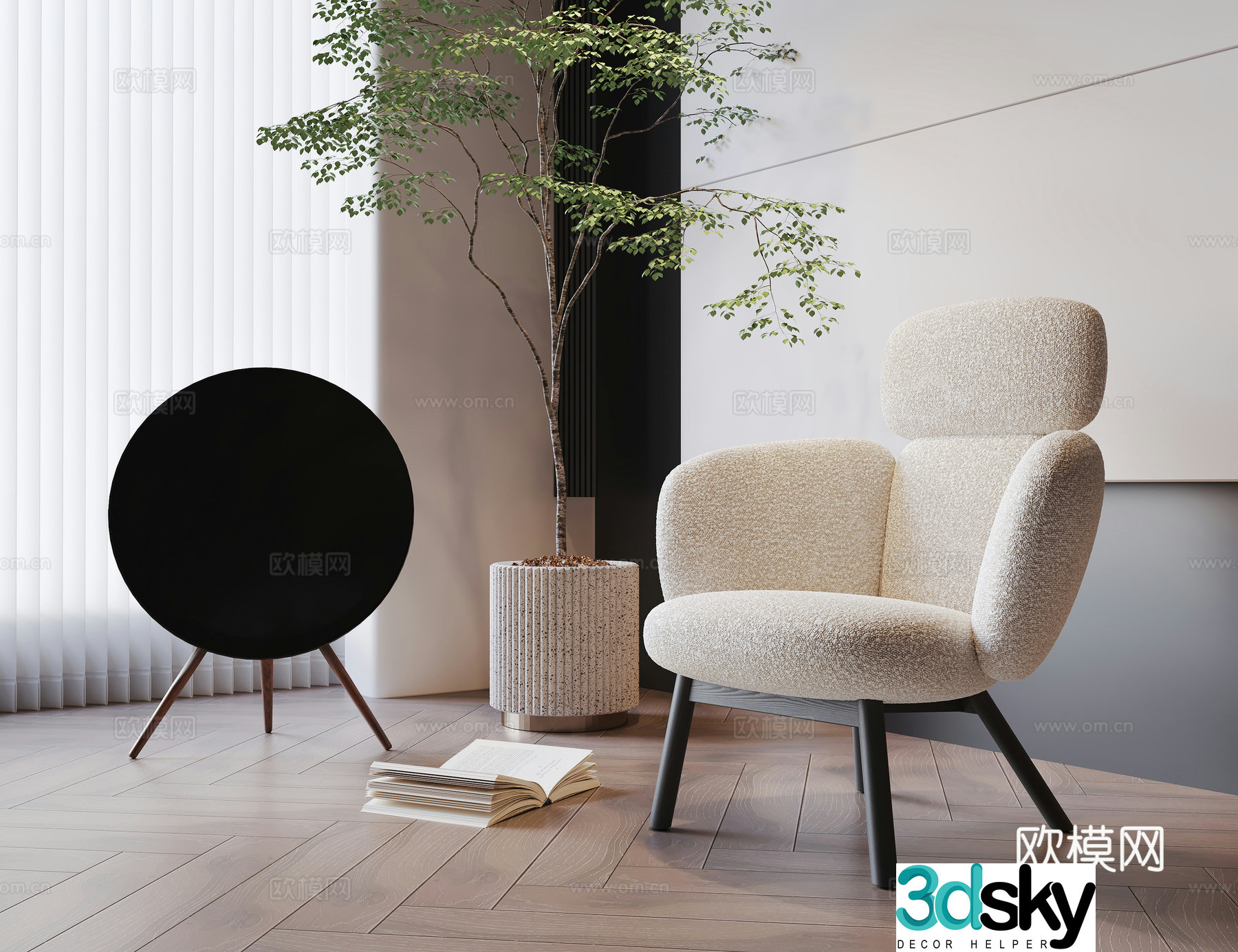 Medium style leisure chair fabric leisure chair wooden chair sofa chair audio green plant 3d model