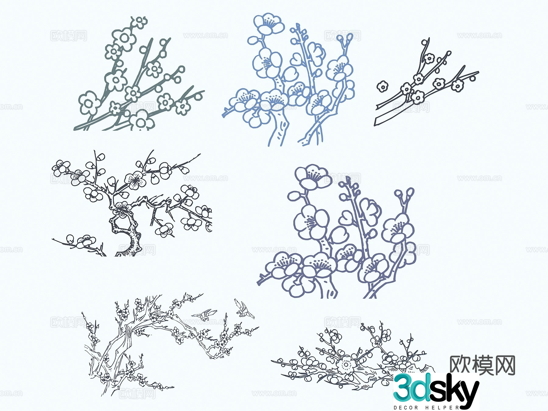 Chinese plum blossom silhouette simple plum blossom branch 3d model