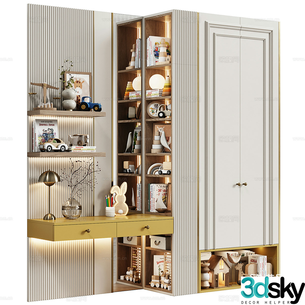 Modern cream style children’s room bookcase wardrobe combination 3D model