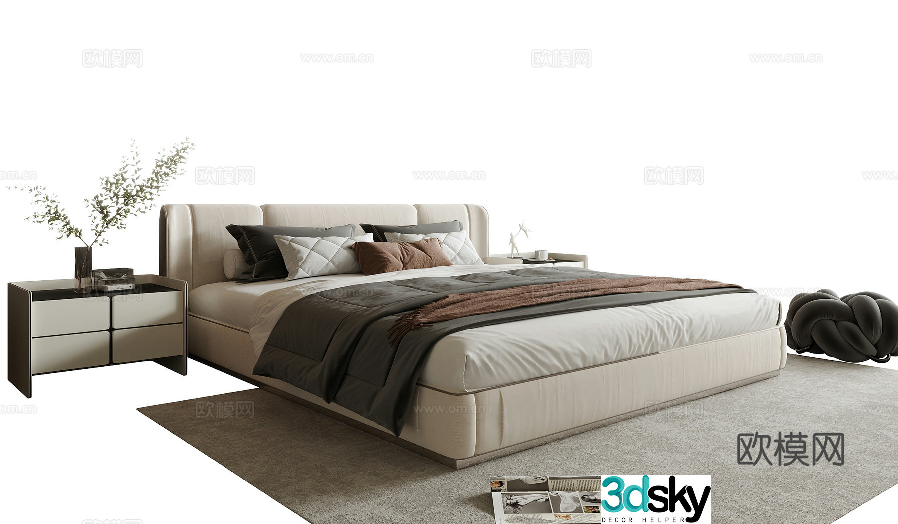Modern double bed nightstand 3d model