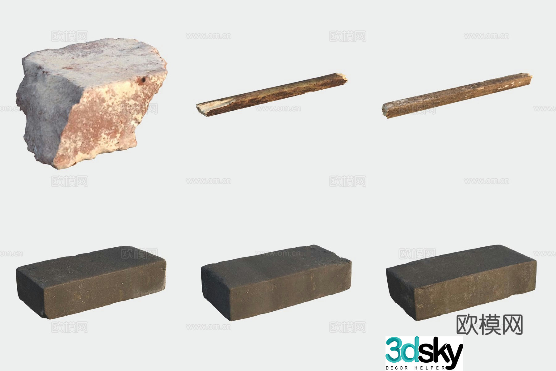 Brick stone building material wooden stick 3d model