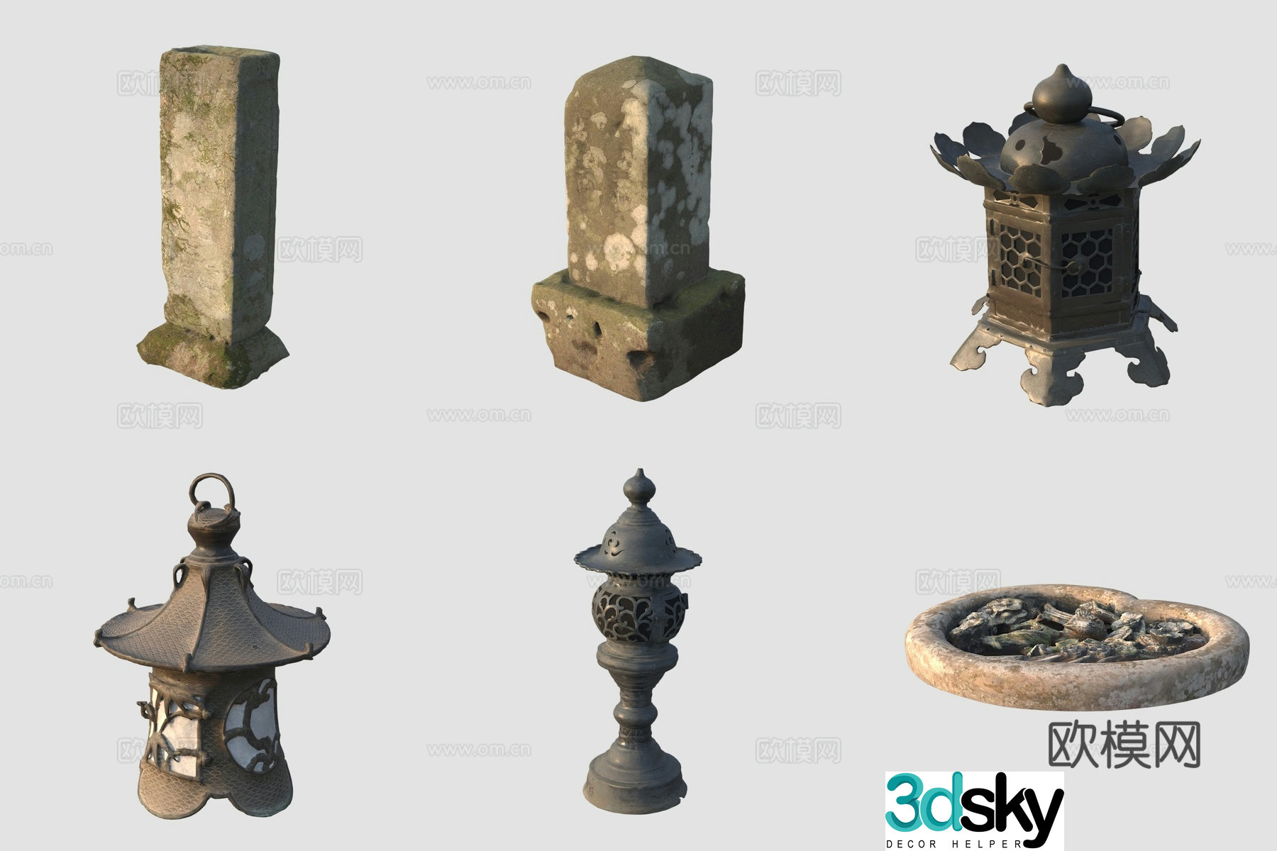 Ancient stone carving pillar stone tablet incense burner 3D model