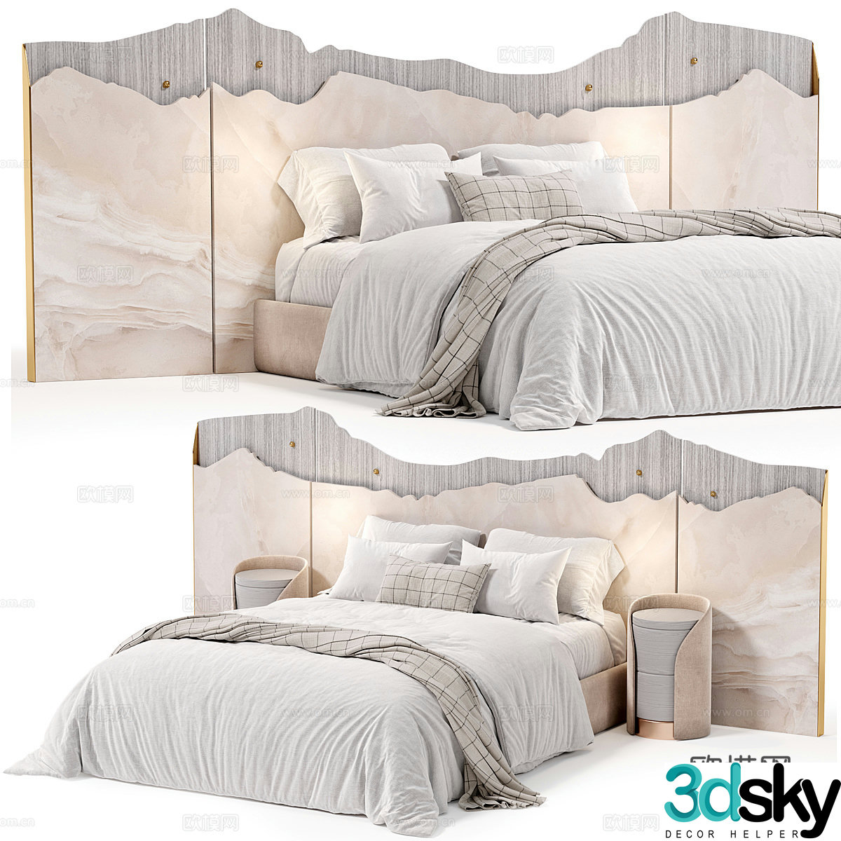New Chinese style Wasabi fabric double bed 3D model