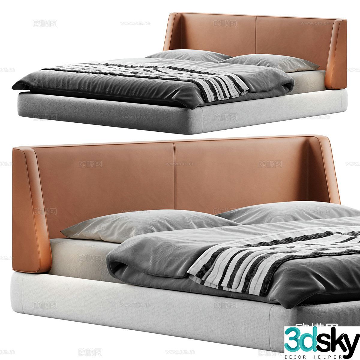 Modern Italian leather fabric double bed 3d model