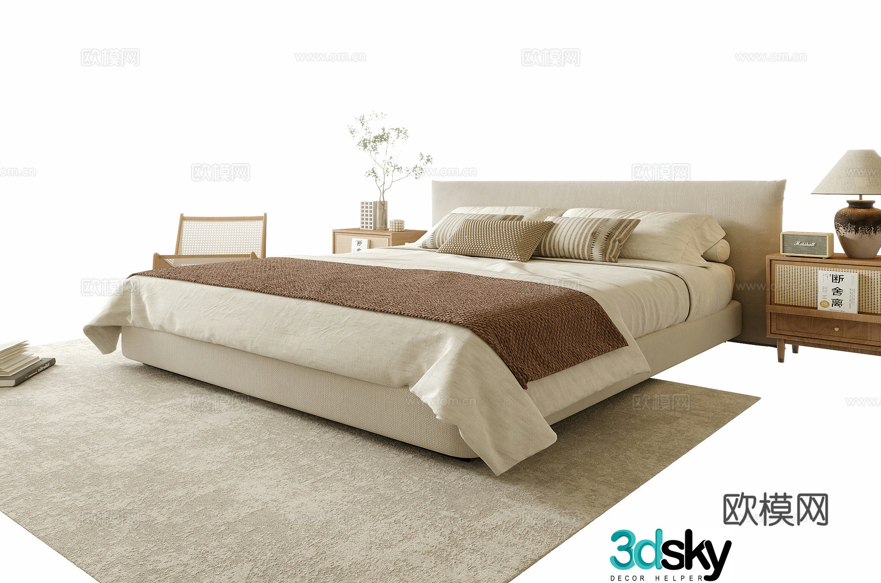 Modern double bed nightstand leisure chair 3d model