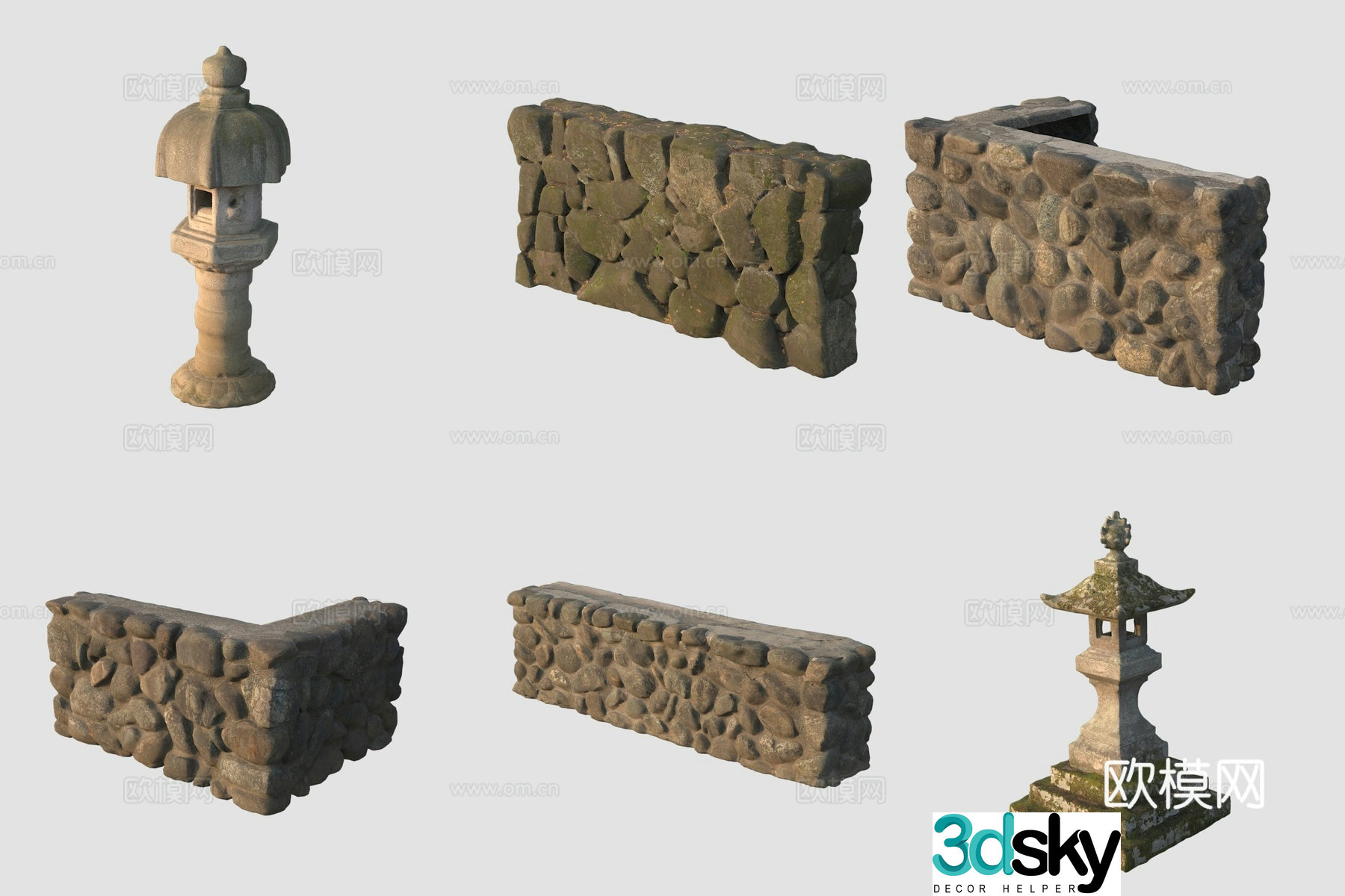 Ancient street lamp stone fence stone carving 3D model